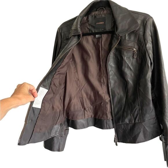 SPANNER Faux Leather Zip Front Moto Biker Jacket Dark Brown S - Picture 3 of 8